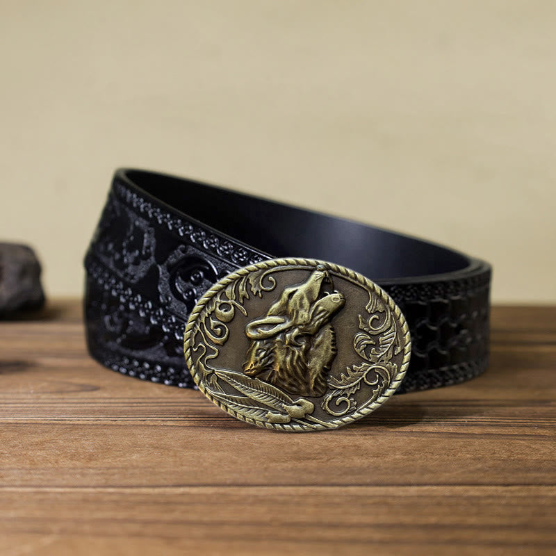 Men's DIY Howling Wolf Head Buckle Leather Belt