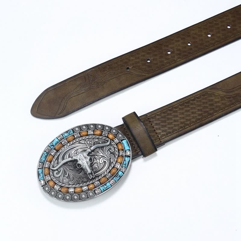 Men's Western Cowboy Turquoise Bull Leather Belt