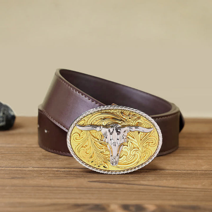 Men's DIY Shining Golden Bull Head Buckle Leather Belt