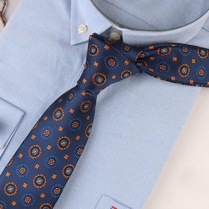 Men's Vintage Geometric Floral Motifs Necktie - Navy Flower - image 1