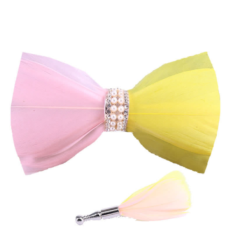 Pink & Yellow Shiny Pearl Feather Bow Tie with Lapel Pin