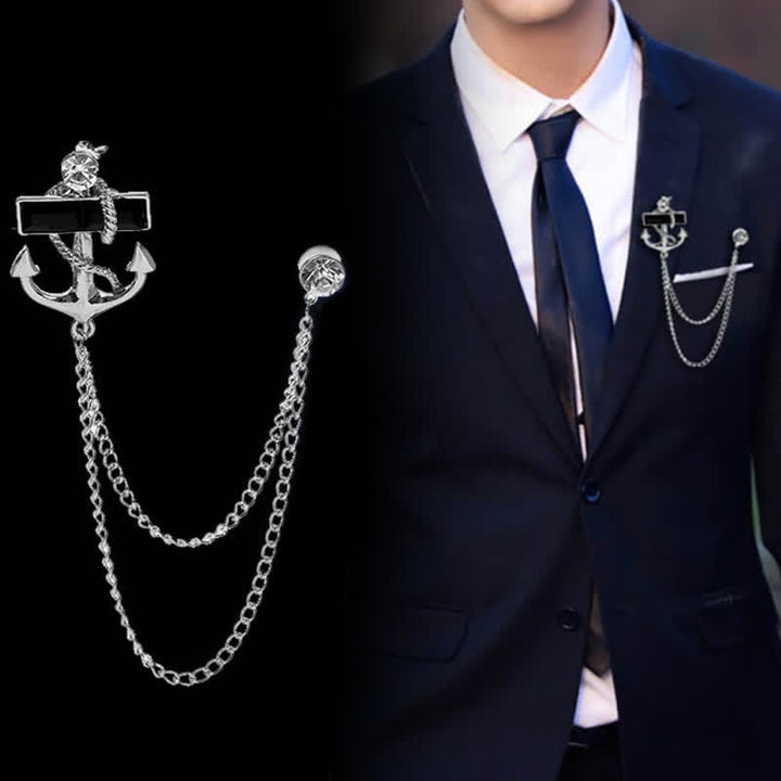 Men's Black Gem Anchor Chain Brooch