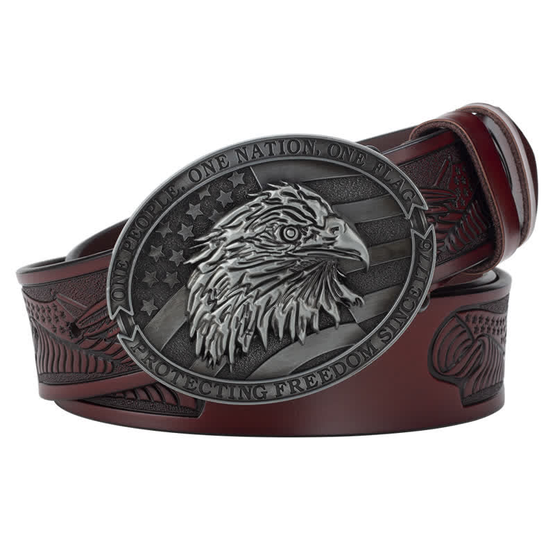 Men's Bald Eagle Head American Flag Buckle Leather Belt