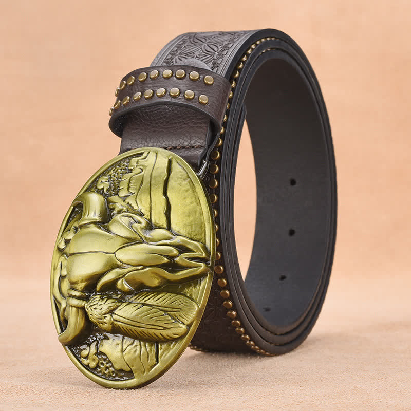 Men's Bull Head Buckle Rivet Decor Leather Belt