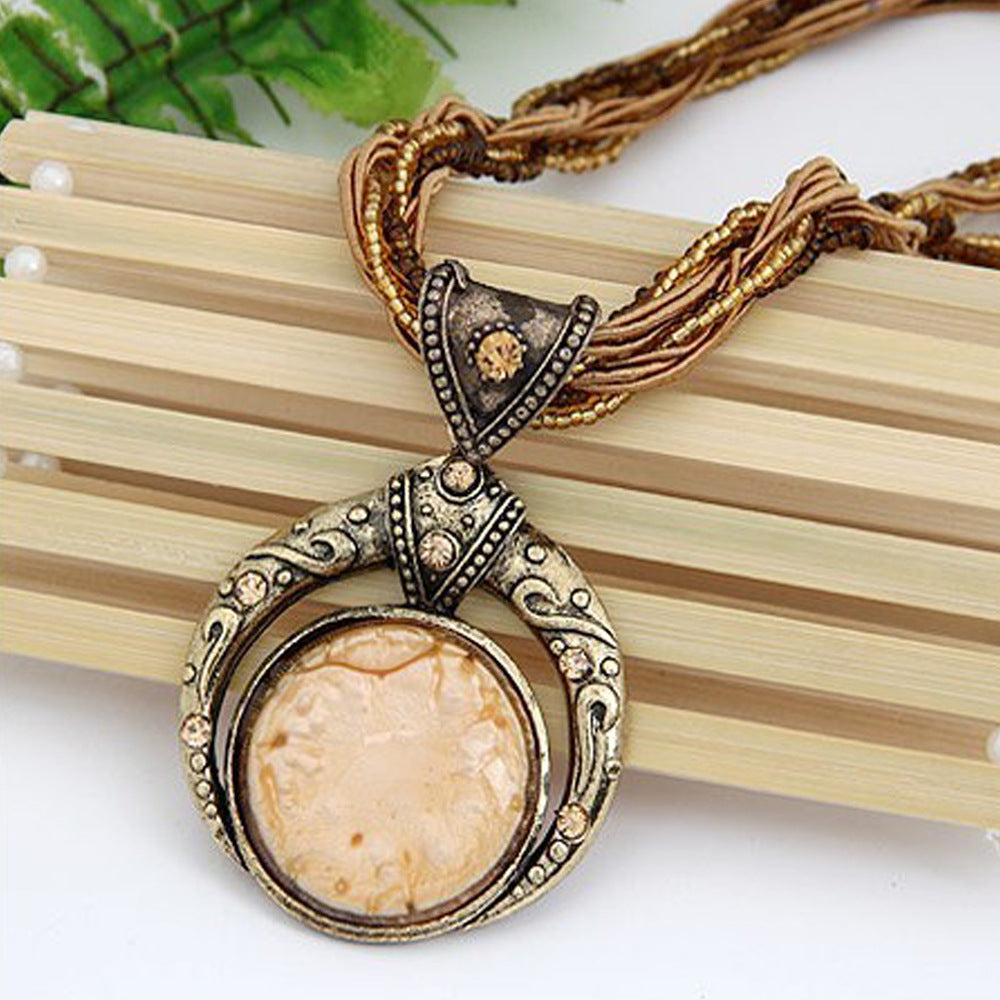 Bohemian Vintage Handmade Beaded Round Stone Necklace - Coffee - image 8