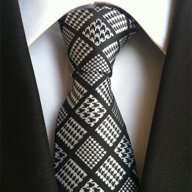 Men's Black & White Houndstooth Checked Necktie - Black & White - image 0