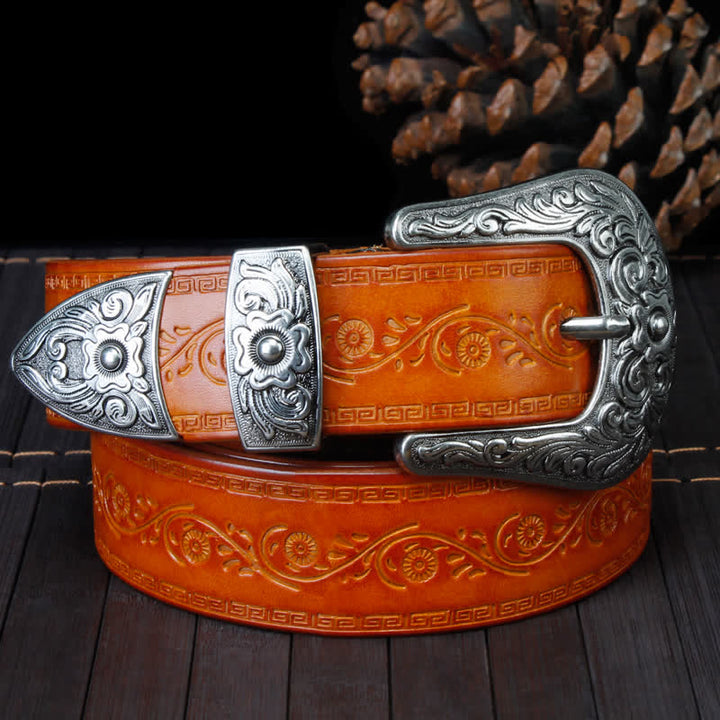 Unisex Rustic Texture Flower Printing Leather Belt