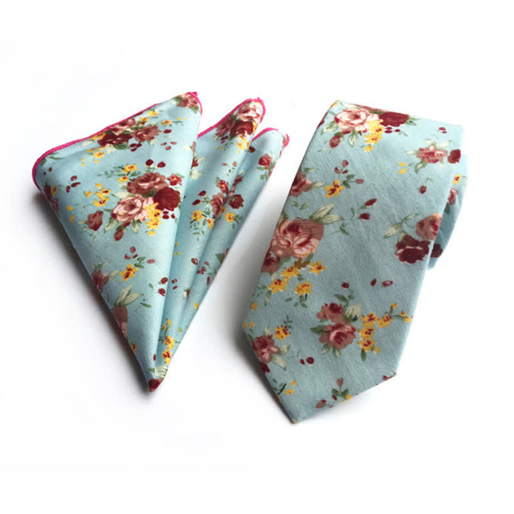 2Pcs Men's Pastel Flower Hanky Necktie Set