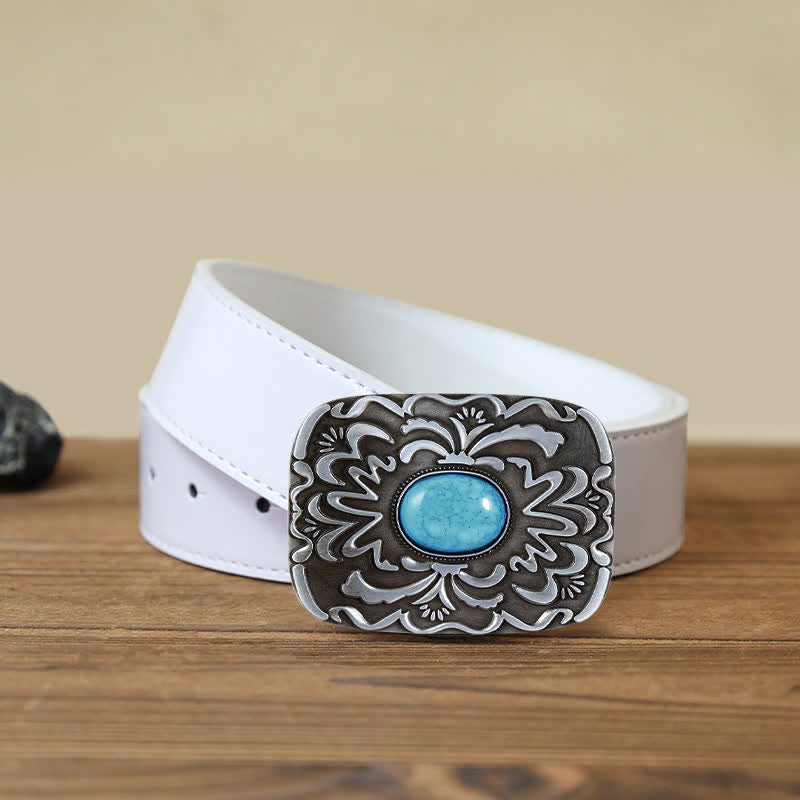 Men's DIY Turquoise Stone Flower Buckle Leather Belt