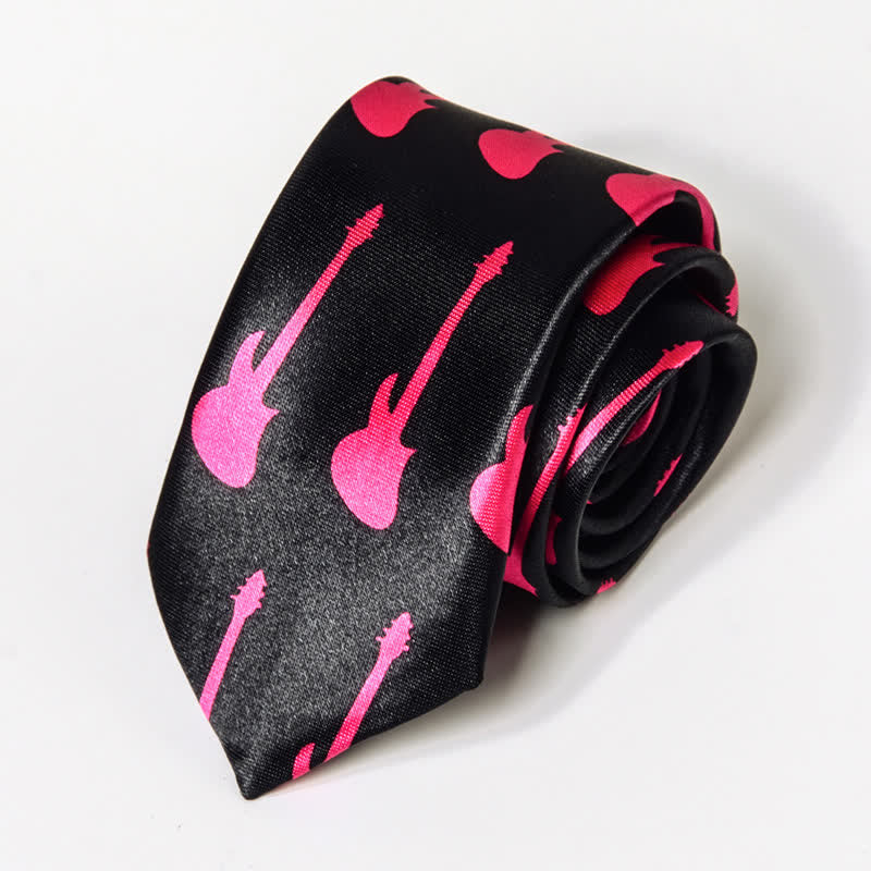 Men's Personality Piano Music Note Necktie - Black & Pink Guitar - image 13
