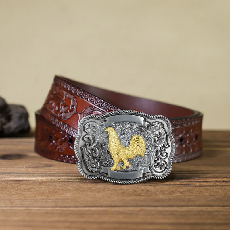 Men's DIY Gold Carving Animal Buckle Leather Belt - Cock - Brown Carved Belt (40) - image 52