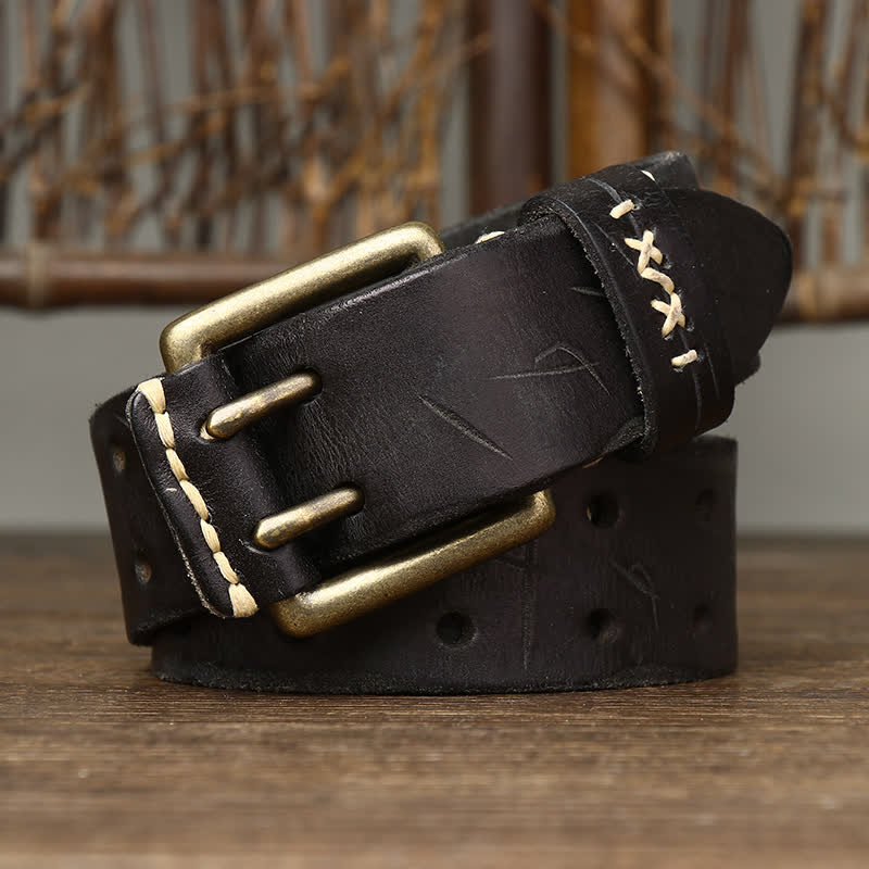 Men's Distressed Double Needle Buckle Leather Belt