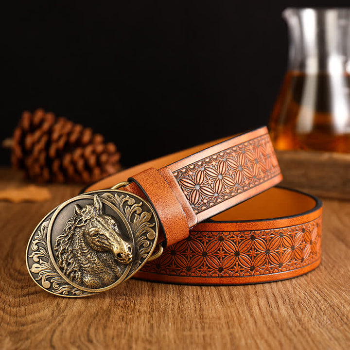 Men's Engraved Horse Floral Print Leather Belt