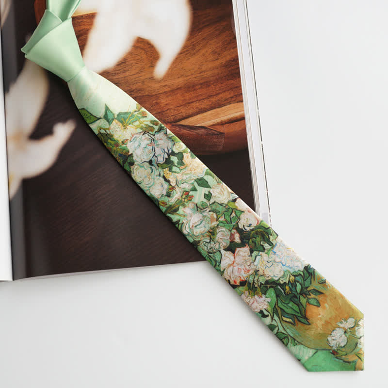 Men's Light Green White Roses Floral Necktie