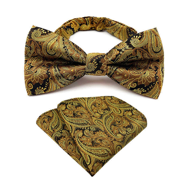 2Pcs Men's Flowery Paisley Bow Tie Pocket Square Set