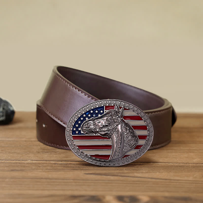 Men's DIY Horse Head American Flag Buckle Leather Belt