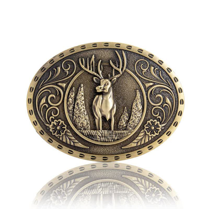 Men's DIY Forest Deer Oval Buckle Leather Belt