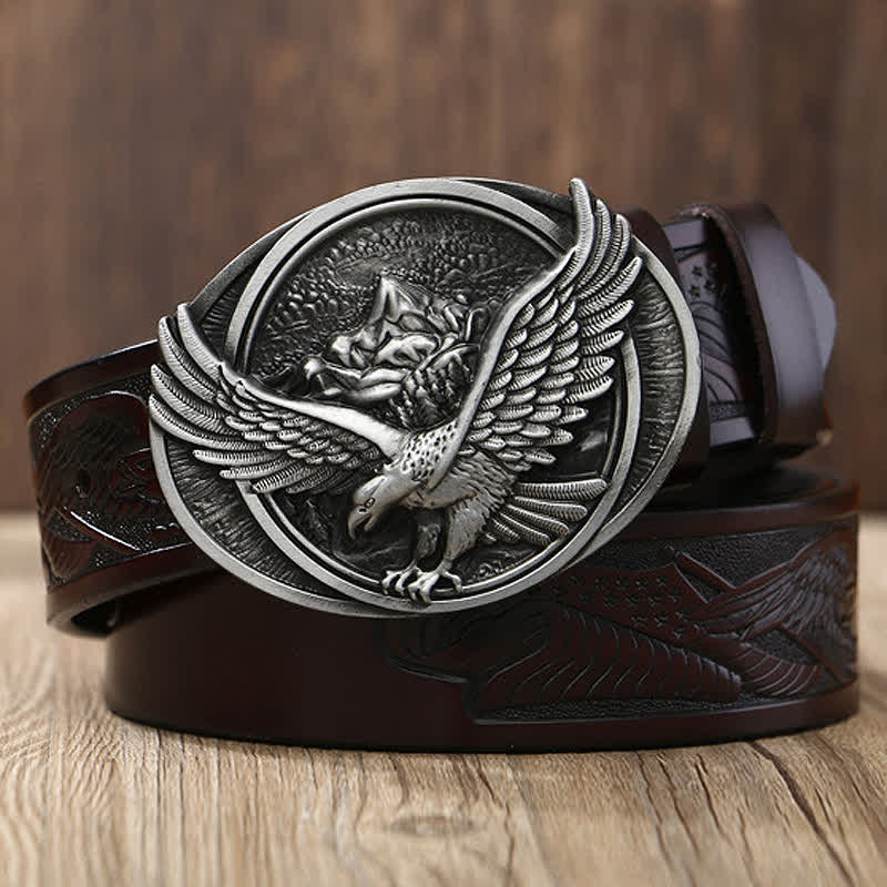 Men's Novelty Flying Eagle Buckle Carved Pattern Leather Belt - Brown / Silver - 46 - image 8