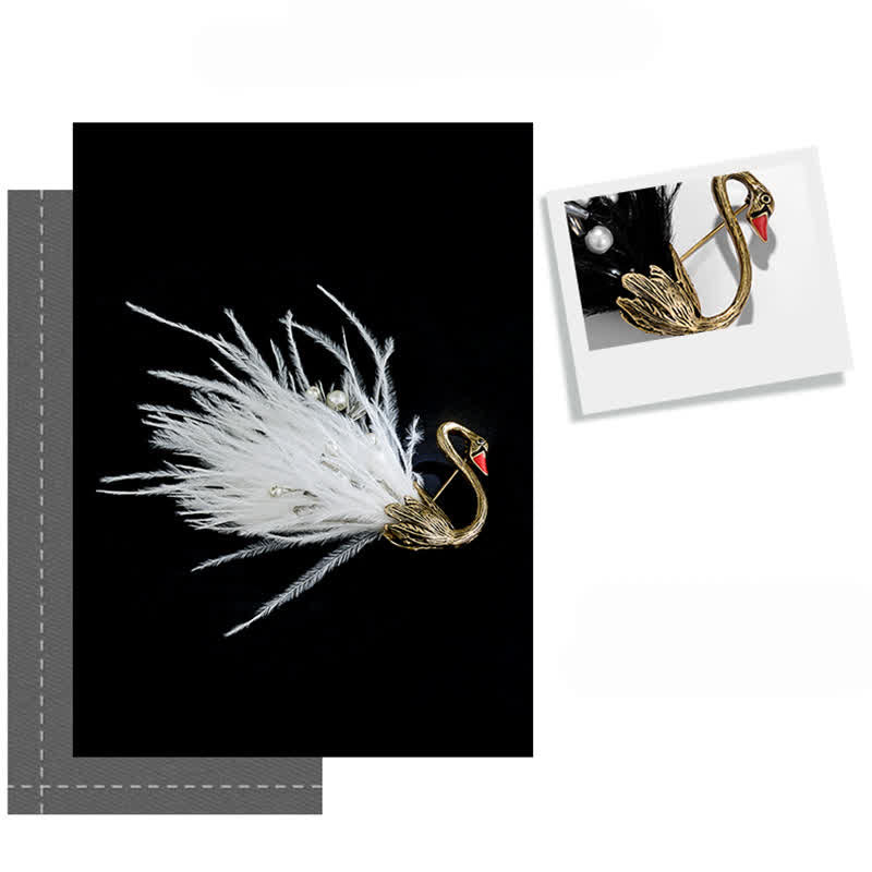 Women's Black / White Swan Plush Feather Brooch