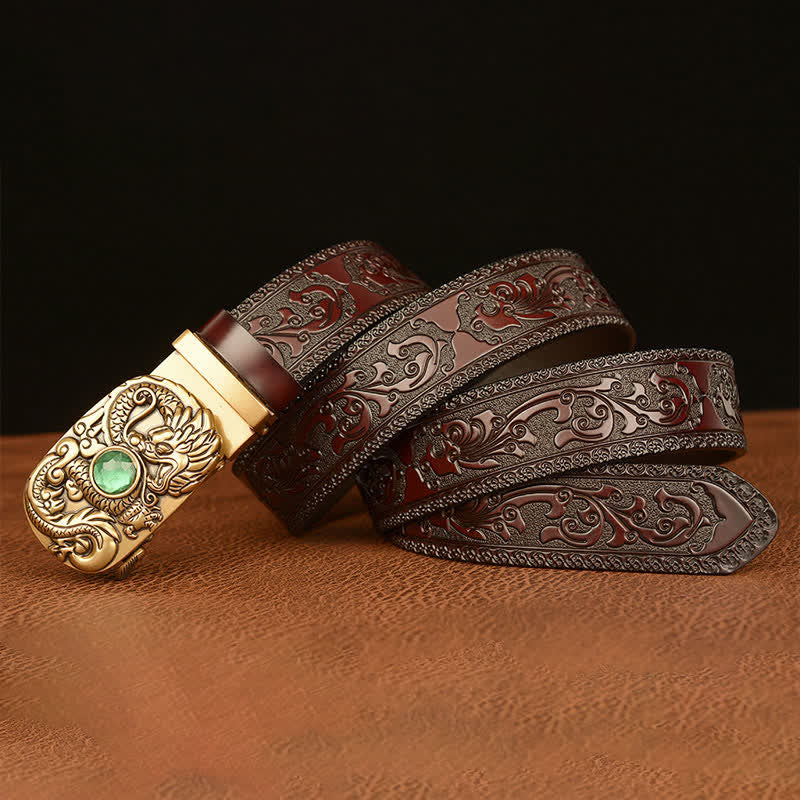 Men's Engraved Dragon Gemstone Leather Belt