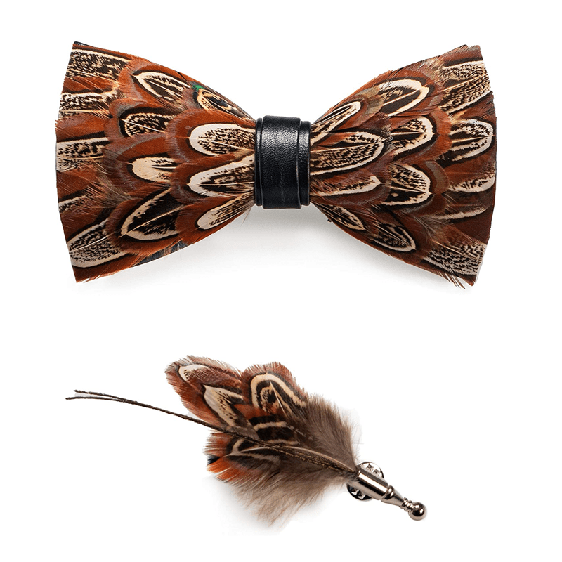 Brown Pheasant Feather Bow Tie with Lapel Pin