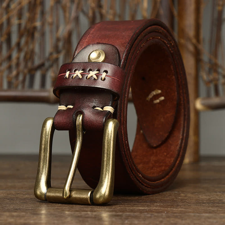 Men's Vintage Fancy Carving Leather Belt - Red Brown - 46 - image 8