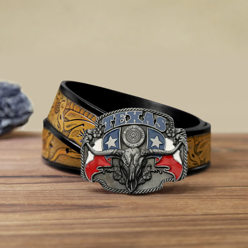 Men's DIY Texas Flag Longhorn Bull Buckle Leather Belt