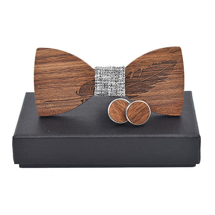 2Pcs Men's Feather Engraving Wooden Bow Tie Set