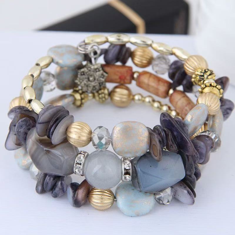 Vintage Bohemian Multi-layer Turquoise Agate Crystal Beaded Bracelet - Light Gray - image 12