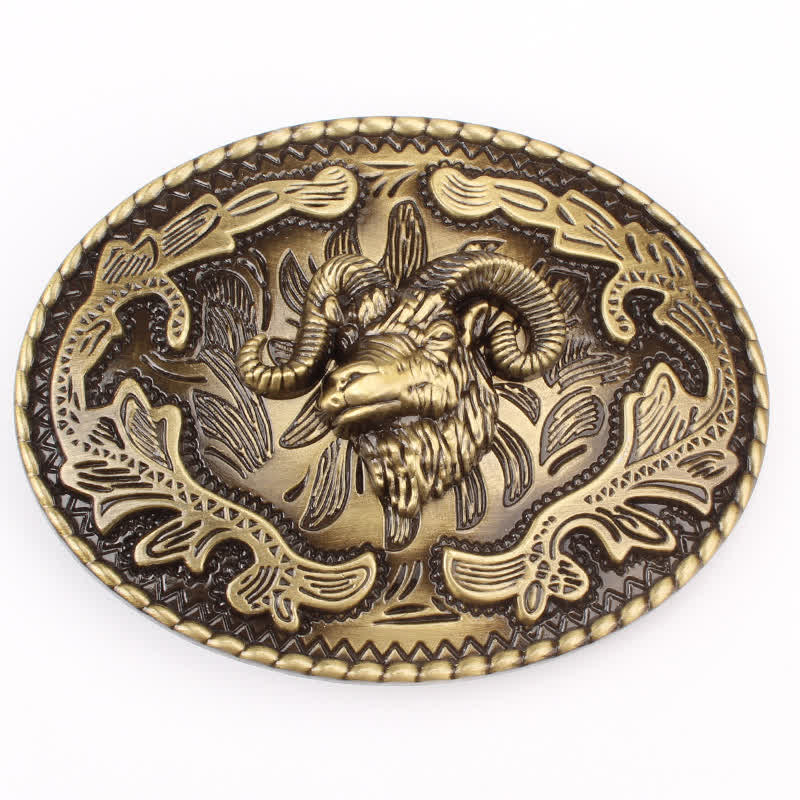 Men's DIY Bronze Wild Goat Head Buckle Leather Belt