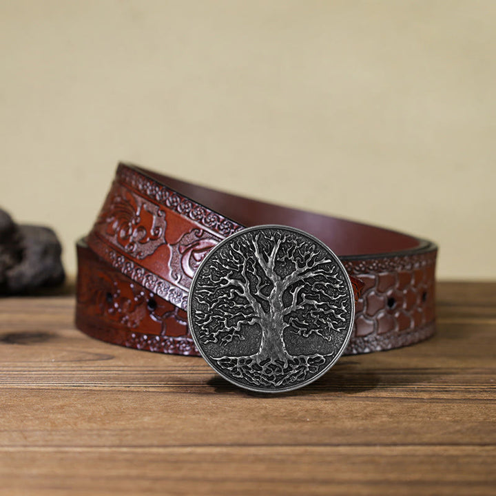 Men's DIY Tree of Life Round Buckle Leather Belt