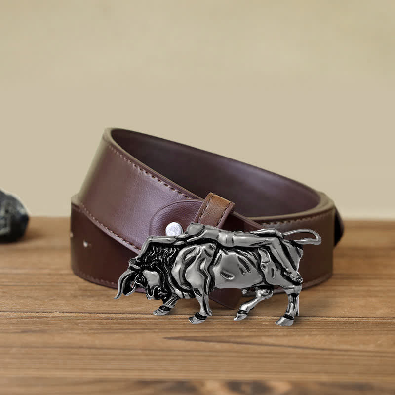 Men's DIY Authentic Silver Bull Buckle Leather Belt