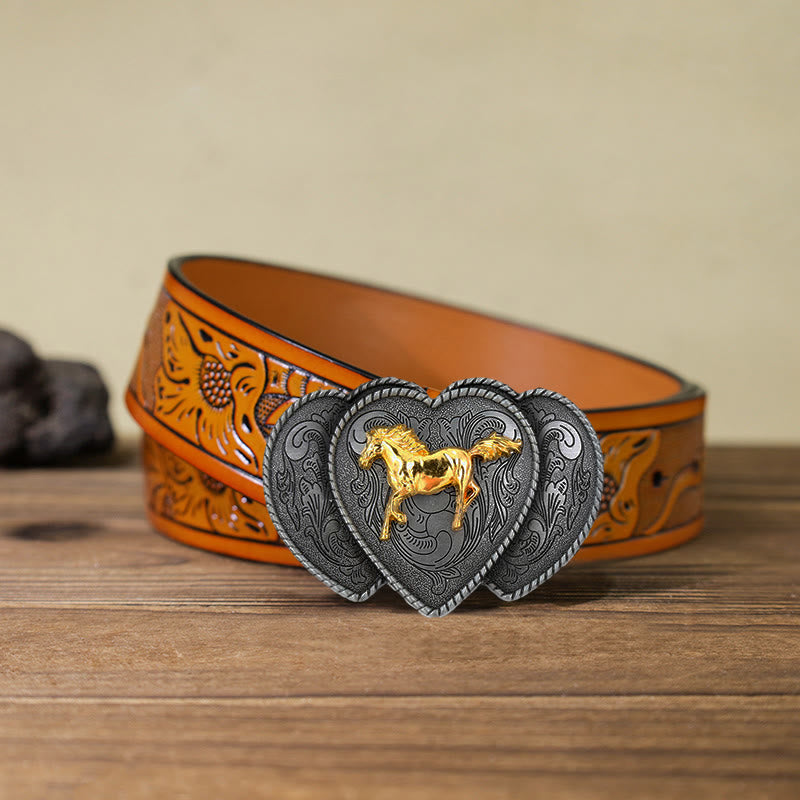 Men's DIY Horse Triple Heart Shaped Buckle Leather Belt