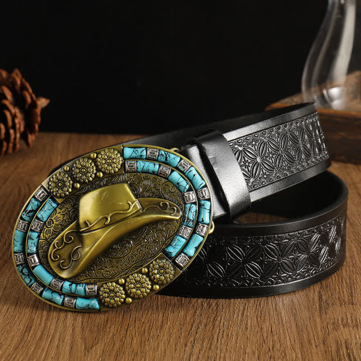 Men's Cowboy Gold Hat Turquoise Decor Leather Belt