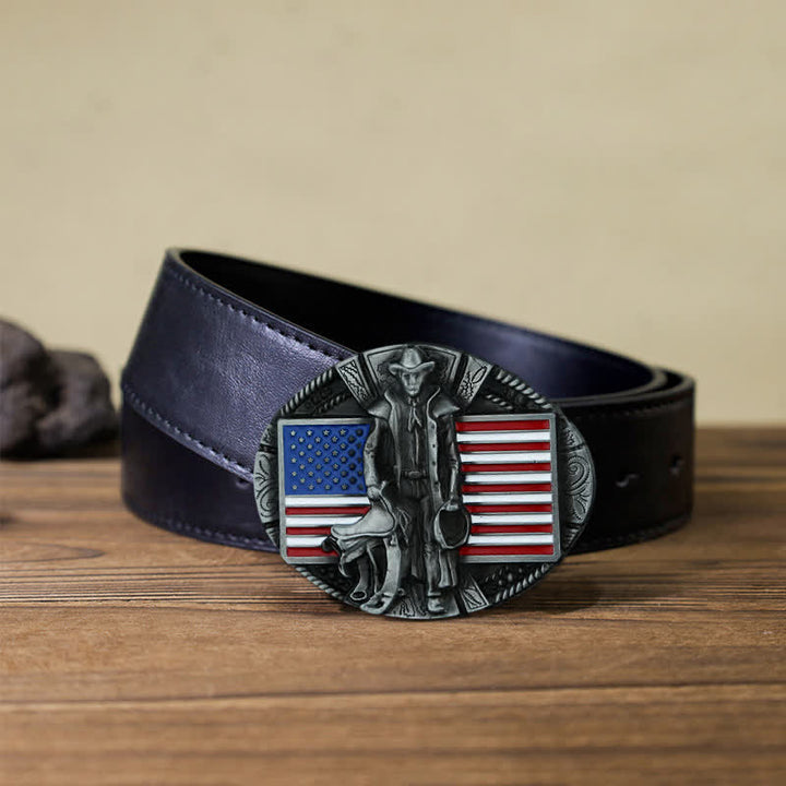 Men's DIY American Flag Cowboy Buckle Leather Belt