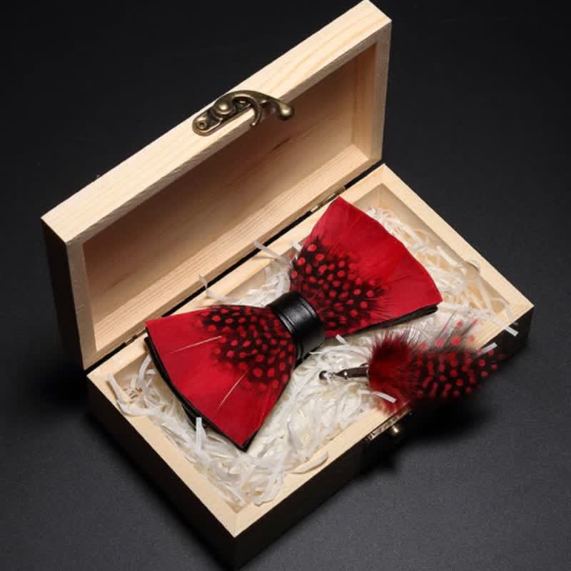 Red & Black Finch Feather Bow Tie with Lapel Pin