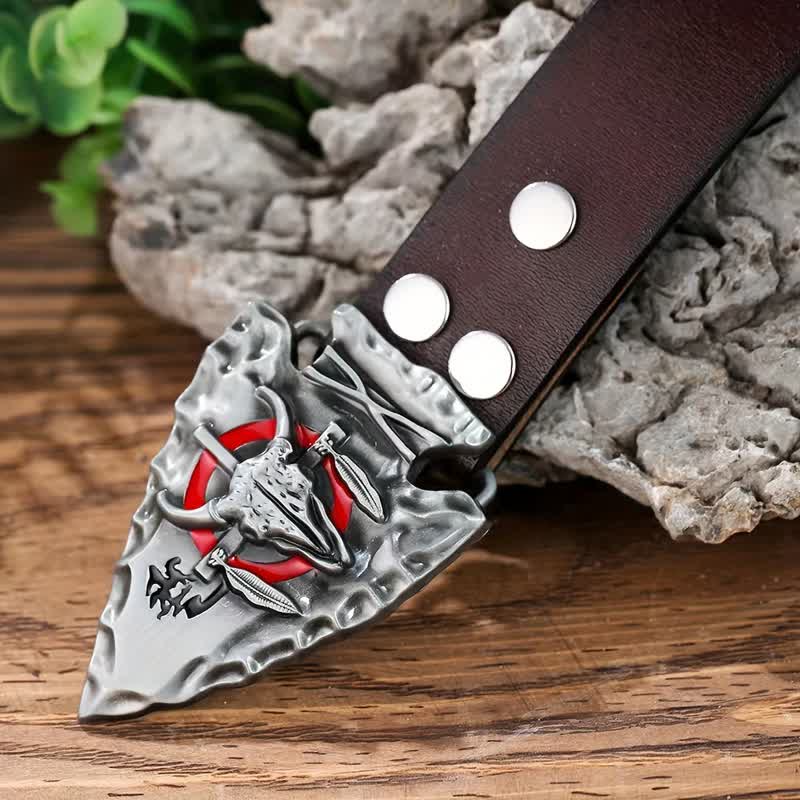 Men's DIY Arrowhead Shaped Bull Buckle Leather Belt