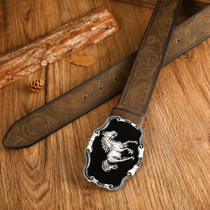 Men's Black Silver Running Horse Leather Belt - image 6