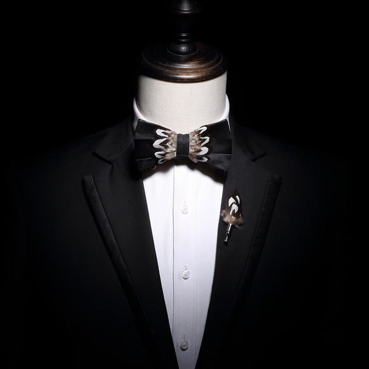 Black & White Pattern Feather Bow Tie with Lapel Pin