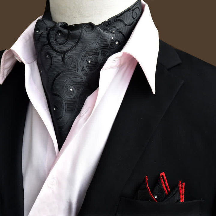 2Pcs Black Luxury Floral Paisley Pocket Square and Cravat Set