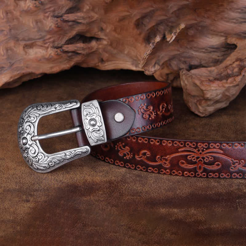 Unisex Rustic Texture Flower Printing Leather Belt