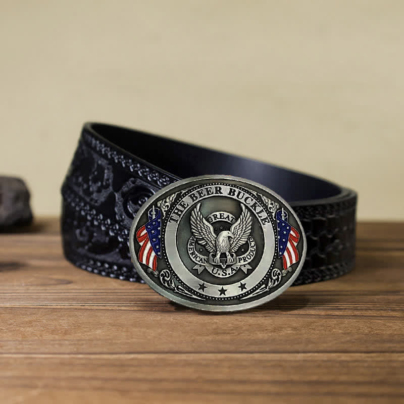 Men's DIY Eagle USA Flag Creative Beer Holder Buckle Leather Belt