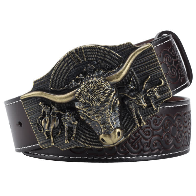 Men's Longhorn Bull Embossed Leather Belt - Coffee / Bronze - 46 - image 11