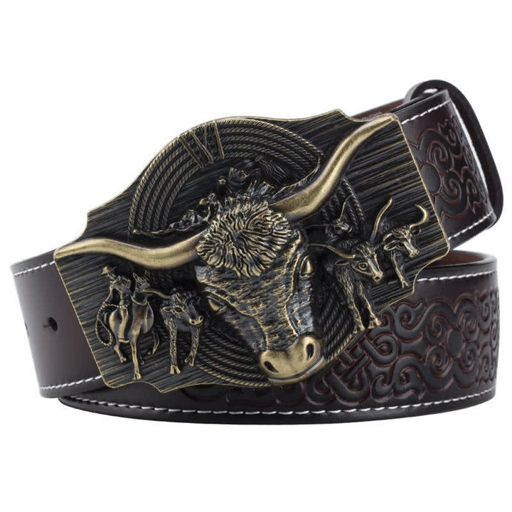 Men's Longhorn Bull Embossed Leather Belt - Coffee / Bronze - 46 - image 11