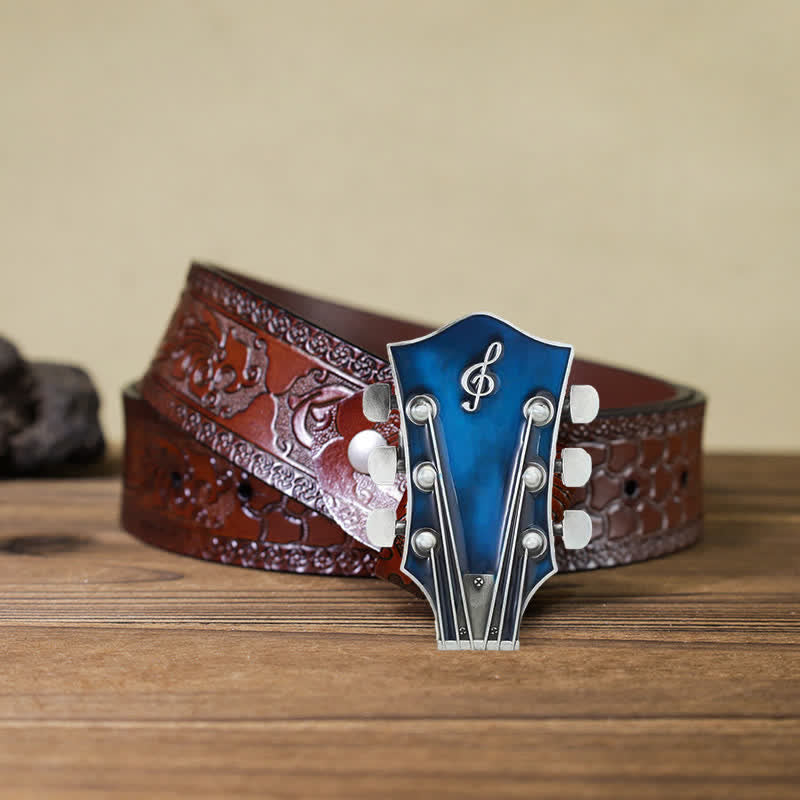 Men's DIY Musical Guitar Headstock Buckle Leather Belt