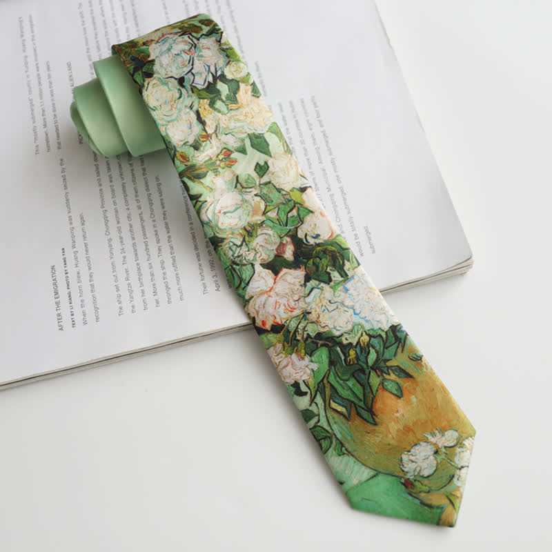 Men's Light Green White Roses Floral Necktie