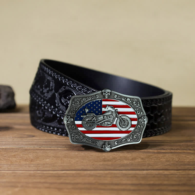 Men's DIY Motorcycle USA Flag Skull Buckle Leather Belt