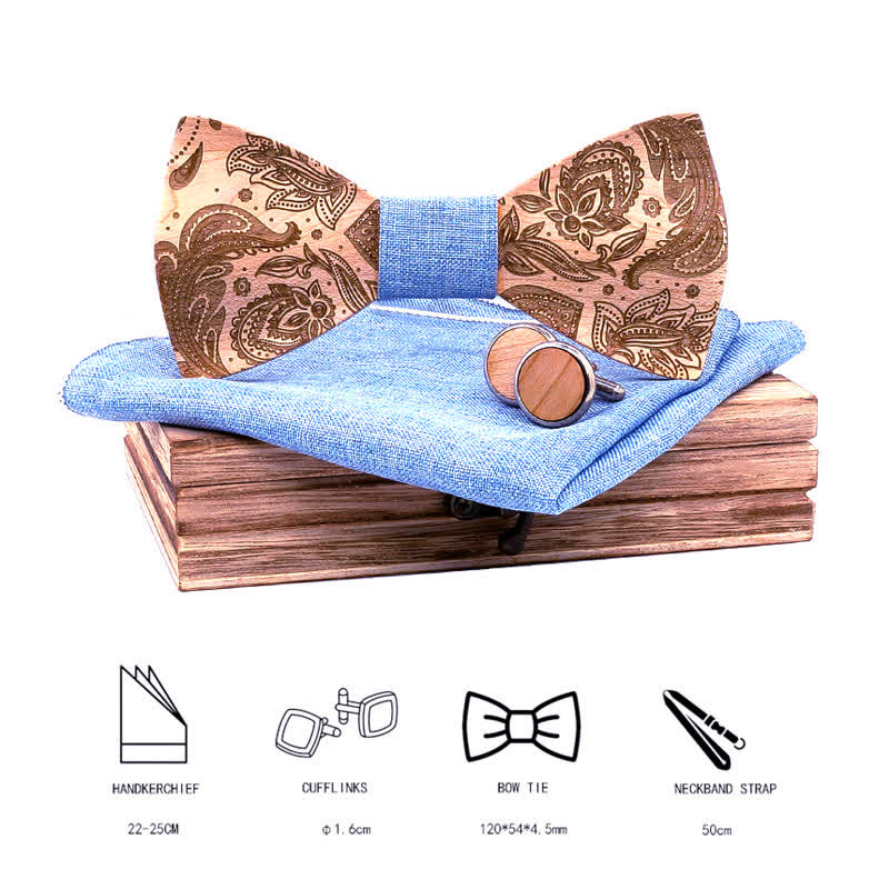 3Pcs Men's Carving Paisley Wooden Bow Tie Set