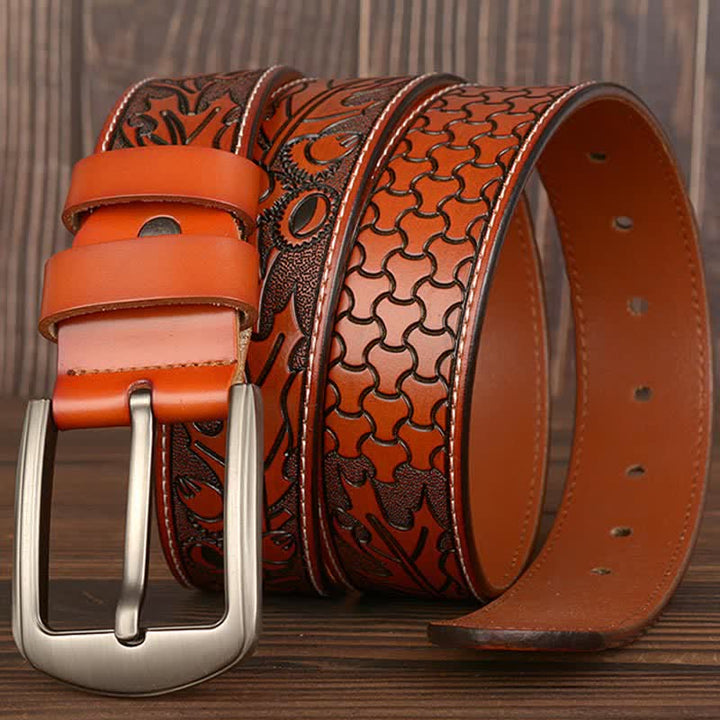 Men's Floral Embossed Pattern Leather Belt