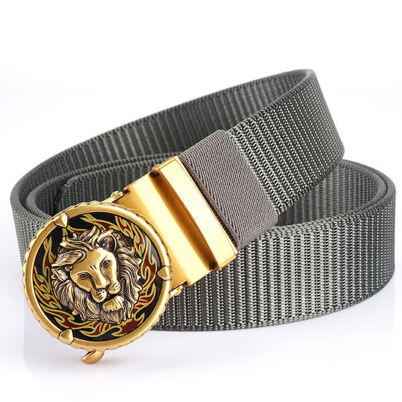 Men's Practical Lion Head Pattern Nylon Belt - Gray / Gold - 48" - image 11